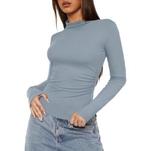 imageDarong Women Mock Turtle Neck Long Sleeve T Shirt Casual Slim Fitted Ruched Going Out TopGrey Blue