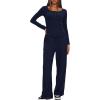 imageDarong Womens Fall Trendy 2 Piece Outfits Lounge Sets Long Sleeve Top Henley Shirts Wide Leg Pants Travel ClothesDark Blue