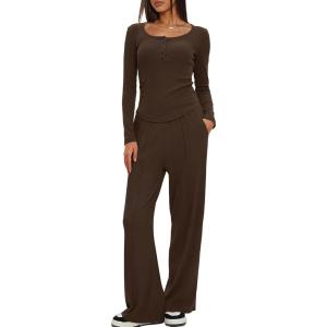 imageDarong Womens Fall Trendy 2 Piece Outfits Lounge Sets Long Sleeve Top Henley Shirts Wide Leg Pants Travel ClothesCoffee