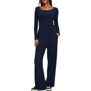 imageDarong Womens Fall Trendy 2 Piece Outfits Lounge Sets Long Sleeve Top Henley Shirts Wide Leg Pants Travel ClothesDark Blue