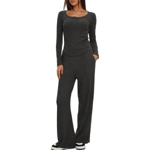 imageDarong Womens Fall Trendy 2 Piece Outfits Lounge Sets Long Sleeve Top Henley Shirts Wide Leg Pants Travel ClothesDark Grey