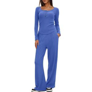 imageDarong Womens Fall Trendy 2 Piece Outfits Lounge Sets Long Sleeve Top Henley Shirts Wide Leg Pants Travel ClothesSea Blue