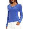 imageDarong Long Sleeve Tshirts for Women Fall Fashion V Neck Basics Crop Tops Slim Fitted Y2K Tops Ribbed Outfits ClothesBlue
