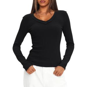 imageDarong Long Sleeve Tshirts for Women Fall Fashion V Neck Basics Crop Tops Slim Fitted Y2K Tops Ribbed Outfits ClothesBlack
