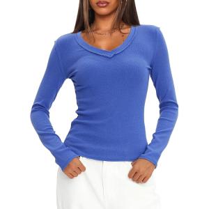 imageDarong Long Sleeve Tshirts for Women Fall Fashion V Neck Basics Crop Tops Slim Fitted Y2K Tops Ribbed Outfits ClothesBlue