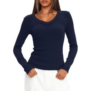 imageDarong Long Sleeve Tshirts for Women Fall Fashion V Neck Basics Crop Tops Slim Fitted Y2K Tops Ribbed Outfits ClothesDark Blue