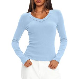 imageDarong Long Sleeve Tshirts for Women Fall Fashion V Neck Basics Crop Tops Slim Fitted Y2K Tops Ribbed Outfits ClothesLight Blue