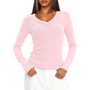 imageDarong Long Sleeve Tshirts for Women Fall Fashion V Neck Basics Crop Tops Slim Fitted Y2K Tops Ribbed Outfits ClothesPink
