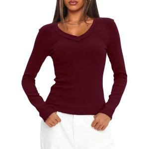 imageDarong Long Sleeve Tshirts for Women Fall Fashion V Neck Basics Crop Tops Slim Fitted Y2K Tops Ribbed Outfits ClothesRed
