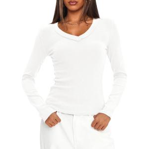 imageDarong Long Sleeve Tshirts for Women Fall Fashion V Neck Basics Crop Tops Slim Fitted Y2K Tops Ribbed Outfits ClothesWhite