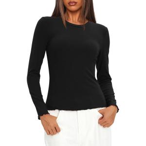 imageDarong Women Long Sleeve Shirts Slim Fit Tops Basic Tee 2025 Cute Lettuce Trim Undershirt Going Out Layer ClothesBlack