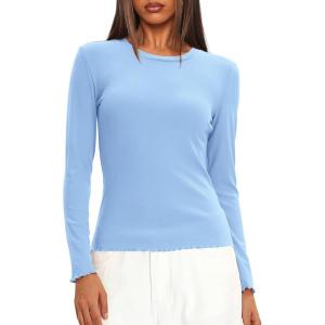 imageDarong Women Long Sleeve Shirts Slim Fit Tops Basic Tee 2025 Cute Lettuce Trim Undershirt Going Out Layer ClothesBlue