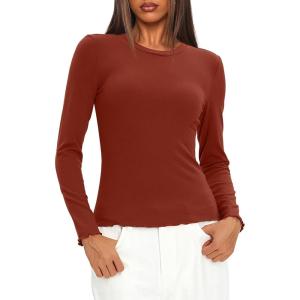 imageDarong Women Long Sleeve Shirts Slim Fit Tops Basic Tee 2025 Cute Lettuce Trim Undershirt Going Out Layer ClothesBrick Red