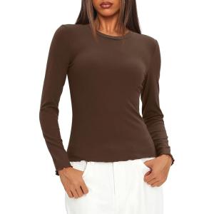imageDarong Women Long Sleeve Shirts Slim Fit Tops Basic Tee 2025 Cute Lettuce Trim Undershirt Going Out Layer ClothesCoffee