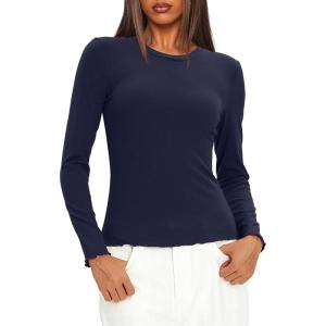 imageDarong Women Long Sleeve Shirts Slim Fit Tops Basic Tee 2025 Cute Lettuce Trim Undershirt Going Out Layer ClothesDark Blue