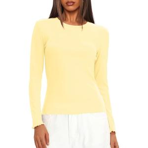 imageDarong Women Long Sleeve Shirts Slim Fit Tops Basic Tee 2025 Cute Lettuce Trim Undershirt Going Out Layer ClothesLight Yellow