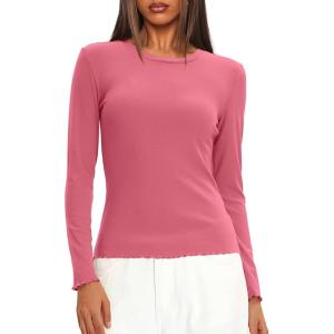 imageDarong Women Long Sleeve Shirts Slim Fit Tops Basic Tee 2025 Cute Lettuce Trim Undershirt Going Out Layer ClothesRaspberry Pink
