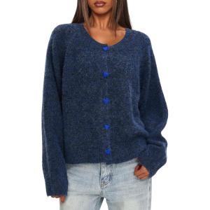 imageDarong Womens Cropped Cardigan Sweaters Long Sleeve Knit Y2k Button Down Fall Outfits Fashion Clothing 2025Dark Blue