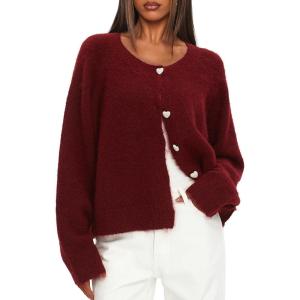 imageDarong Womens Cropped Cardigan Sweaters Long Sleeve Knit Y2k Button Down Fall Outfits Fashion Clothing 2025Red