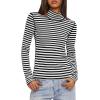 imageDarong Womens Striped Turtleneck Shirt Long Sleeve Undershirts Ribbed Slim Fit Top Fitted Basic TeesBlack Stripe
