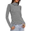 imageDarong Womens Striped Turtleneck Shirt Long Sleeve Undershirts Ribbed Slim Fit Top Fitted Basic TeesBlack Stripe