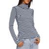 imageDarong Womens Striped Turtleneck Shirt Long Sleeve Undershirts Ribbed Slim Fit Top Fitted Basic TeesDark Blue Stripe