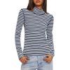 imageDarong Womens Striped Turtleneck Shirt Long Sleeve Undershirts Ribbed Slim Fit Top Fitted Basic TeesDark Blue Stripe