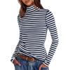 imageDarong Womens Striped Turtleneck Shirt Long Sleeve Undershirts Ribbed Slim Fit Top Fitted Basic TeesDark Blue Stripe