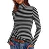 imageDarong Womens Striped Turtleneck Shirt Long Sleeve Undershirts Ribbed Slim Fit Top Fitted Basic TeesLight Grey Stripe