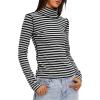 imageDarong Womens Striped Turtleneck Shirt Long Sleeve Undershirts Ribbed Slim Fit Top Fitted Basic TeesLight Grey Stripe