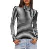 imageDarong Womens Striped Turtleneck Shirt Long Sleeve Undershirts Ribbed Slim Fit Top Fitted Basic TeesLight Grey Stripe