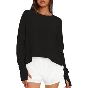 imageDarong Cotton Long Sleeve Workout Shirts for Women Loose Fit Athletic Yoga TShirts Casual Slouchy Crop Running TeesBlack