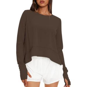 imageDarong Cotton Long Sleeve Workout Shirts for Women Loose Fit Athletic Yoga TShirts Casual Slouchy Crop Running TeesBrown