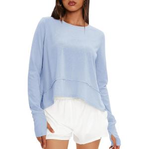 imageDarong Cotton Long Sleeve Workout Shirts for Women Loose Fit Athletic Yoga TShirts Casual Slouchy Crop Running TeesLight Blue