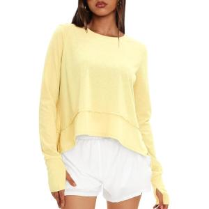 imageDarong Cotton Long Sleeve Workout Shirts for Women Loose Fit Athletic Yoga TShirts Casual Slouchy Crop Running TeesLight Yellow
