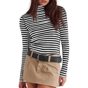 imageDarong Womens Striped Turtleneck Shirt Long Sleeve Undershirts Ribbed Slim Fit Top Fitted Basic TeesBlack Stripe