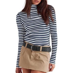 imageDarong Womens Striped Turtleneck Shirt Long Sleeve Undershirts Ribbed Slim Fit Top Fitted Basic TeesDark Blue Stripe