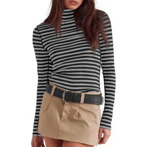 imageDarong Womens Striped Turtleneck Shirt Long Sleeve Undershirts Ribbed Slim Fit Top Fitted Basic TeesLight Grey Stripe