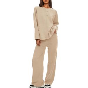imageDarong Two Piece Outfits for Women Fall Lounge Sets Button Down Sweatshirt Wide Leg Pants Sweatsuits Set with PocketsBeige
