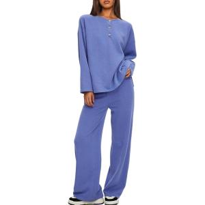 imageDarong Two Piece Outfits for Women Fall Lounge Sets Button Down Sweatshirt Wide Leg Pants Sweatsuits Set with PocketsBlue