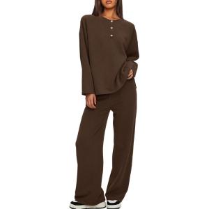 imageDarong Two Piece Outfits for Women Fall Lounge Sets Button Down Sweatshirt Wide Leg Pants Sweatsuits Set with PocketsCoffee