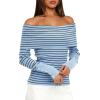 imageDaong Off The Shoulder Sweater for Women 2025 Fall Fashion Cute Going Out Y2k Tops Ribbed Pullover Knit SweatersBlueblack Stripe