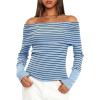 imageDaong Off The Shoulder Sweater for Women 2025 Fall Fashion Cute Going Out Y2k Tops Ribbed Pullover Knit SweatersBlueblack Stripe