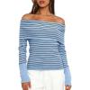 imageDaong Off The Shoulder Sweater for Women 2025 Fall Fashion Cute Going Out Y2k Tops Ribbed Pullover Knit SweatersBlueblack Stripe