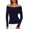 imageDaong Off The Shoulder Sweater for Women 2025 Fall Fashion Cute Going Out Y2k Tops Ribbed Pullover Knit SweatersDark Blue