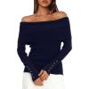 imageDaong Off The Shoulder Sweater for Women 2025 Fall Fashion Cute Going Out Y2k Tops Ribbed Pullover Knit SweatersDark Blue