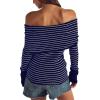 imageDaong Off The Shoulder Sweater for Women 2025 Fall Fashion Cute Going Out Y2k Tops Ribbed Pullover Knit SweatersRoyal Bluewhite Stripe