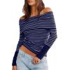 imageDaong Off The Shoulder Sweater for Women 2025 Fall Fashion Cute Going Out Y2k Tops Ribbed Pullover Knit SweatersRoyal Bluewhite Stripe