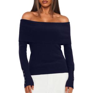 imageDaong Off The Shoulder Sweater for Women 2025 Fall Fashion Cute Going Out Y2k Tops Ribbed Pullover Knit SweatersDark Blue