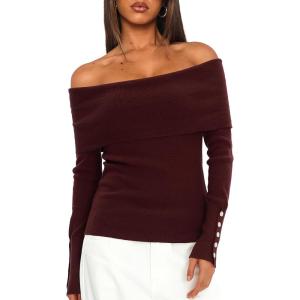 imageDaong Off The Shoulder Sweater for Women 2025 Fall Fashion Cute Going Out Y2k Tops Ribbed Pullover Knit SweatersDeep Wine Red